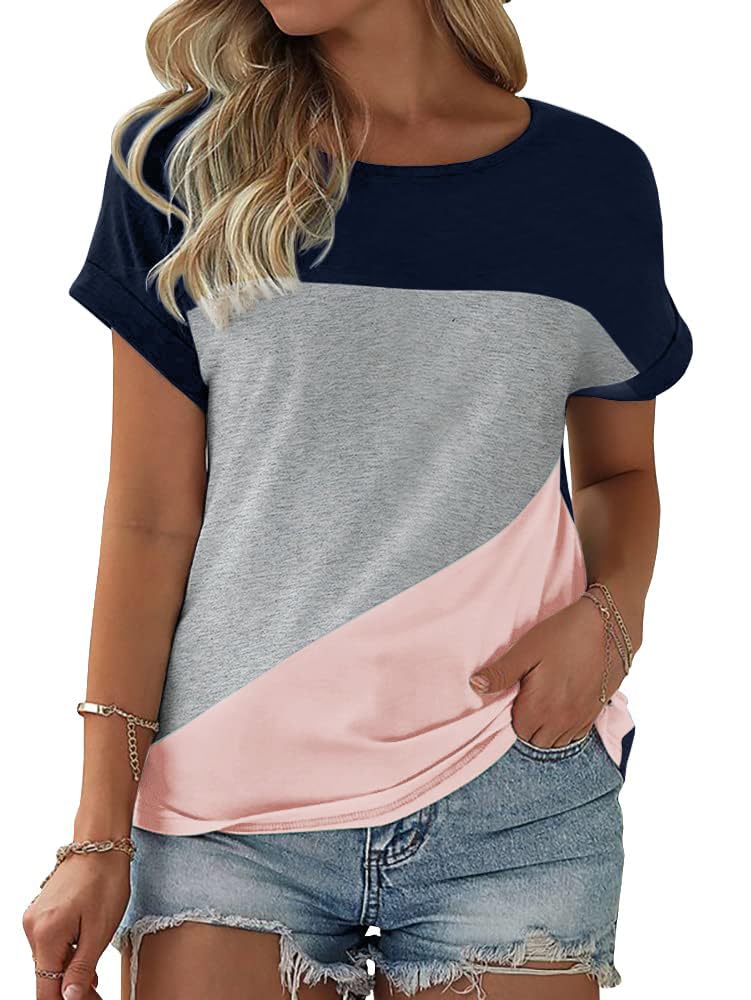 Fisoew Damen T-Shirt Rundhals Farbblock Kurzarm Shirt Casual Oberteil Sommer Locker Baumwolle Tee Tops (Rosa, L)