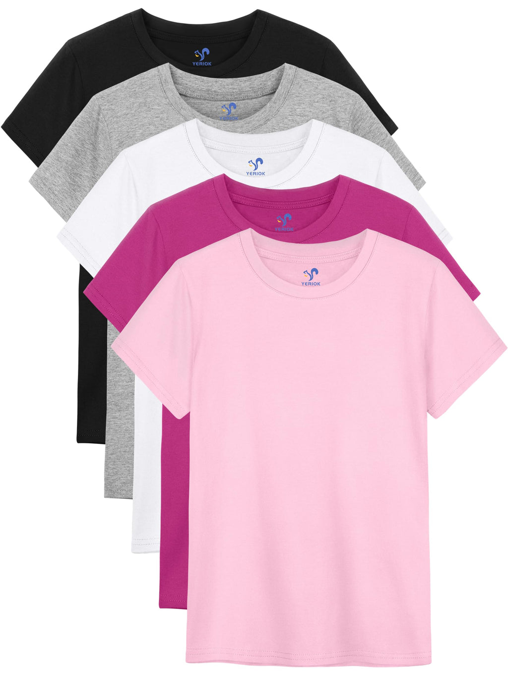 YERIOK 5er Pack T-Shirts Mädchen Kinder Tshirts Sommer Kurzarm Shirt Tops Baumwolle Basic Rundhalsausschnitt Tees Oberteile
