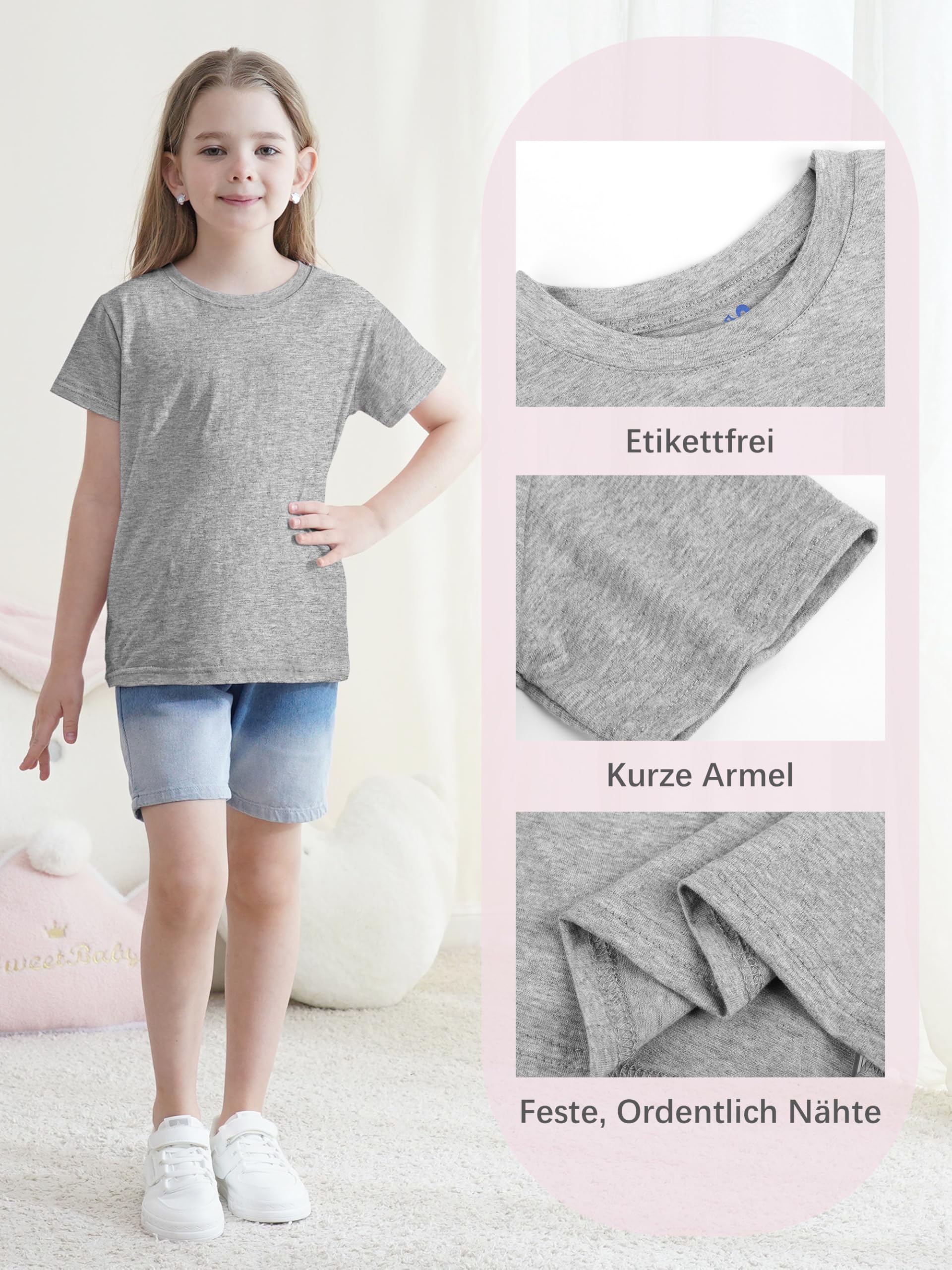 YERIOK 5er Pack T-Shirts Mädchen Kinder Tshirts Sommer Kurzarm Shirt Tops Baumwolle Basic Rundhalsausschnitt Tees Oberteile