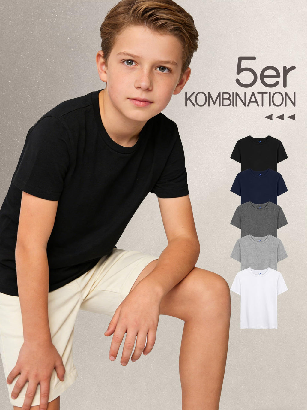 YERIOK 5er Pack Kinder T-Shirts Jungen Tshirt Kids Basic Tee Baumwolle Rundhalsausschnitt