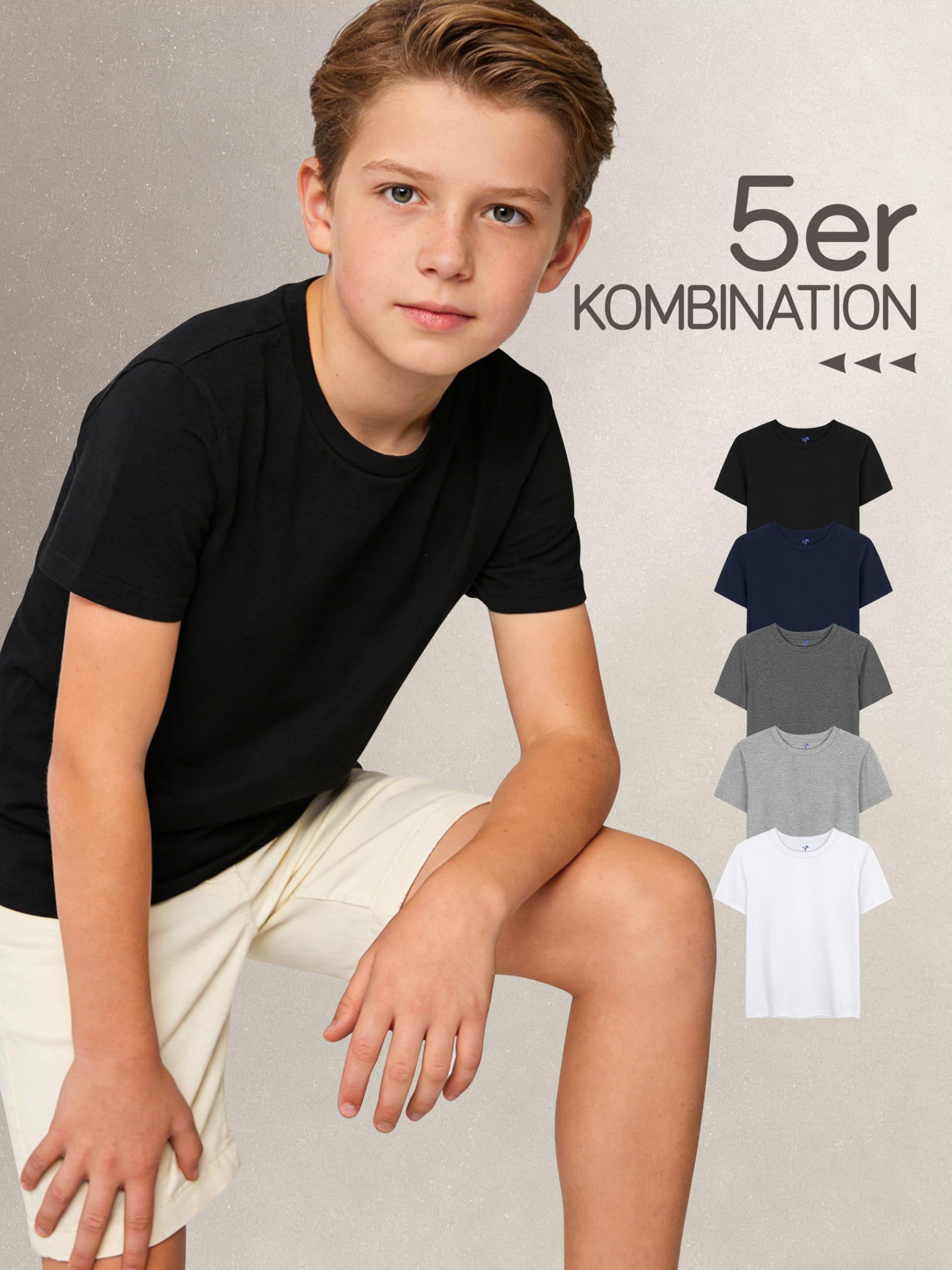 YERIOK 5er Pack Kinder T-Shirts Jungen Tshirt Kids Basic Tee Baumwolle Rundhalsausschnitt